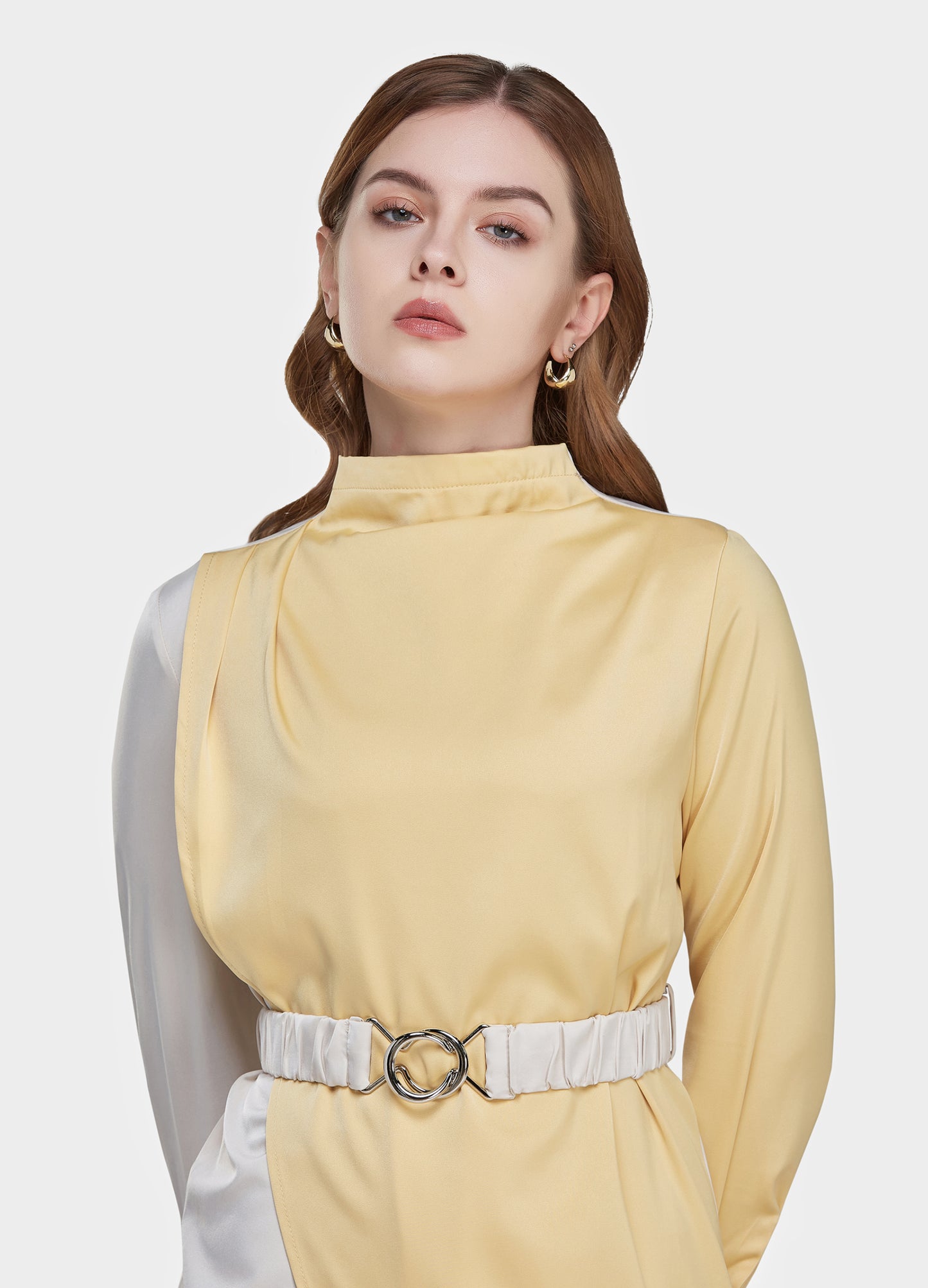 Women's Belted Colorblock High-Neck Long Sleeve Dress-Apricot & Yellow