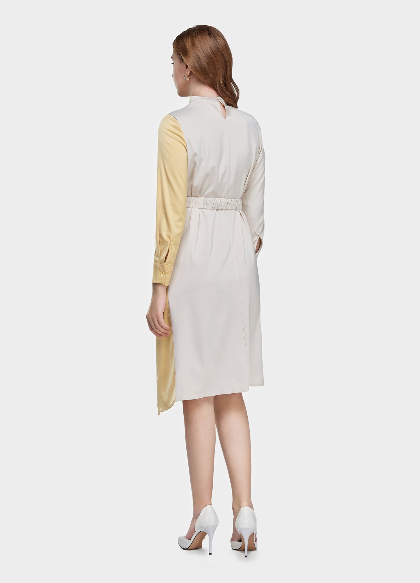 Women's Belted Colorblock High-Neck Long Sleeve Dress-Apricot & Yellow back view