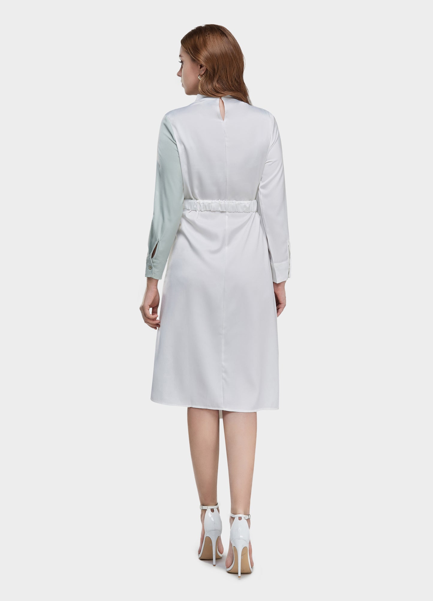 Women's Belted Colorblock High-Neck Long Sleeve Dress-Beige & Tiffany Blue back view