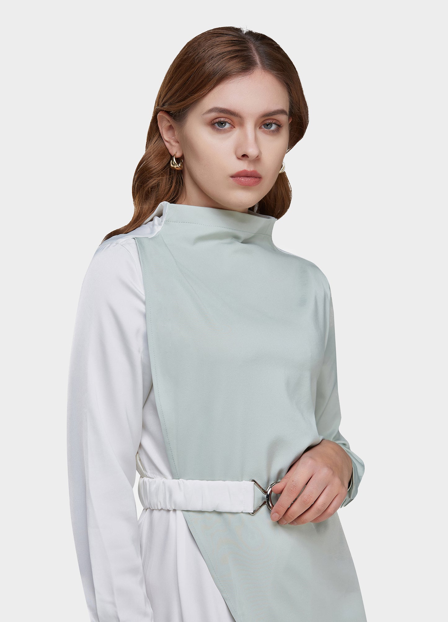 Women's Belted Colorblock High-Neck Long Sleeve Dress-Beige & Tiffany Blue main