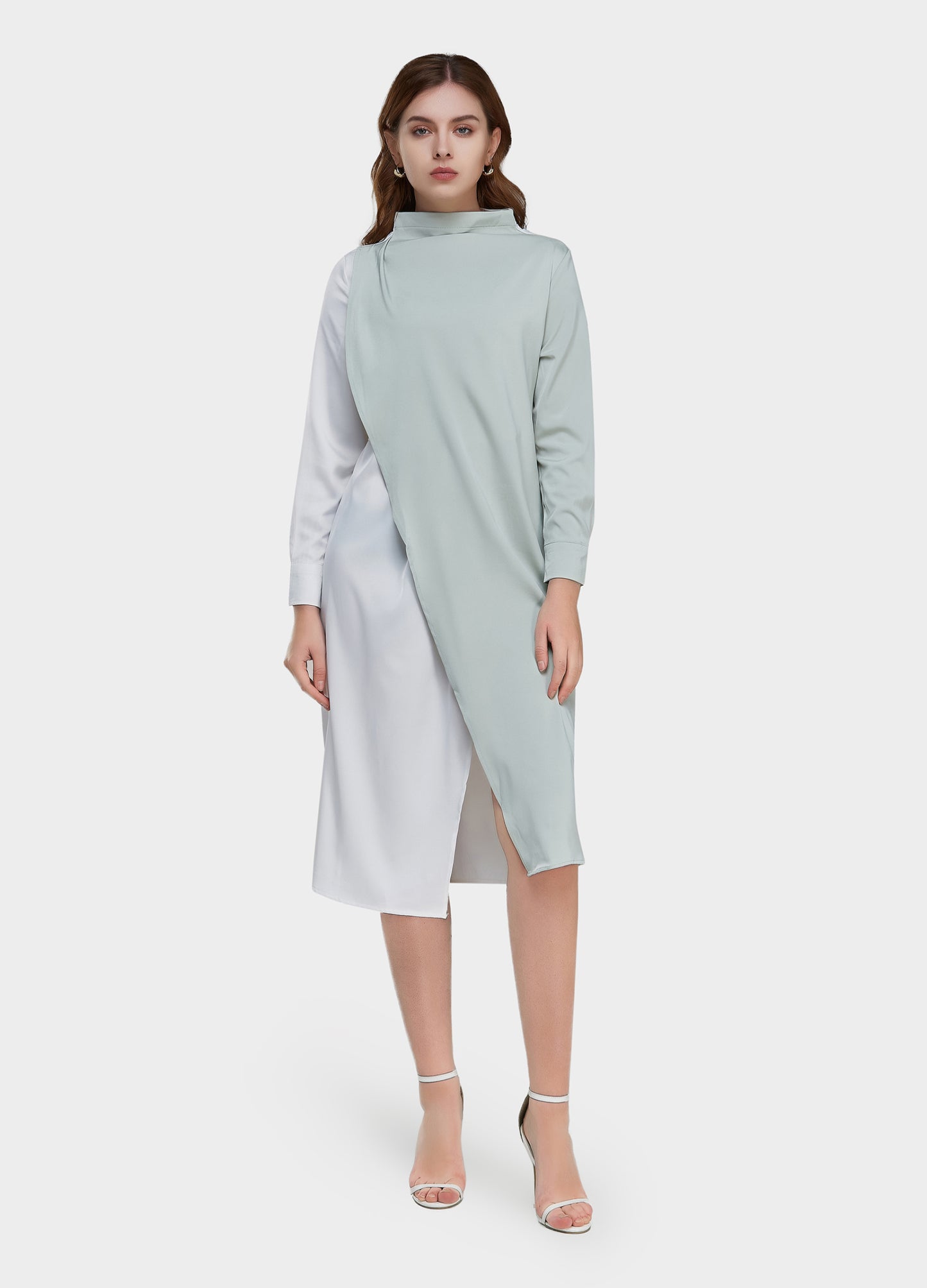Women's Belted Colorblock High-Neck Long Sleeve Dress-Beige & Tiffany Blue main view