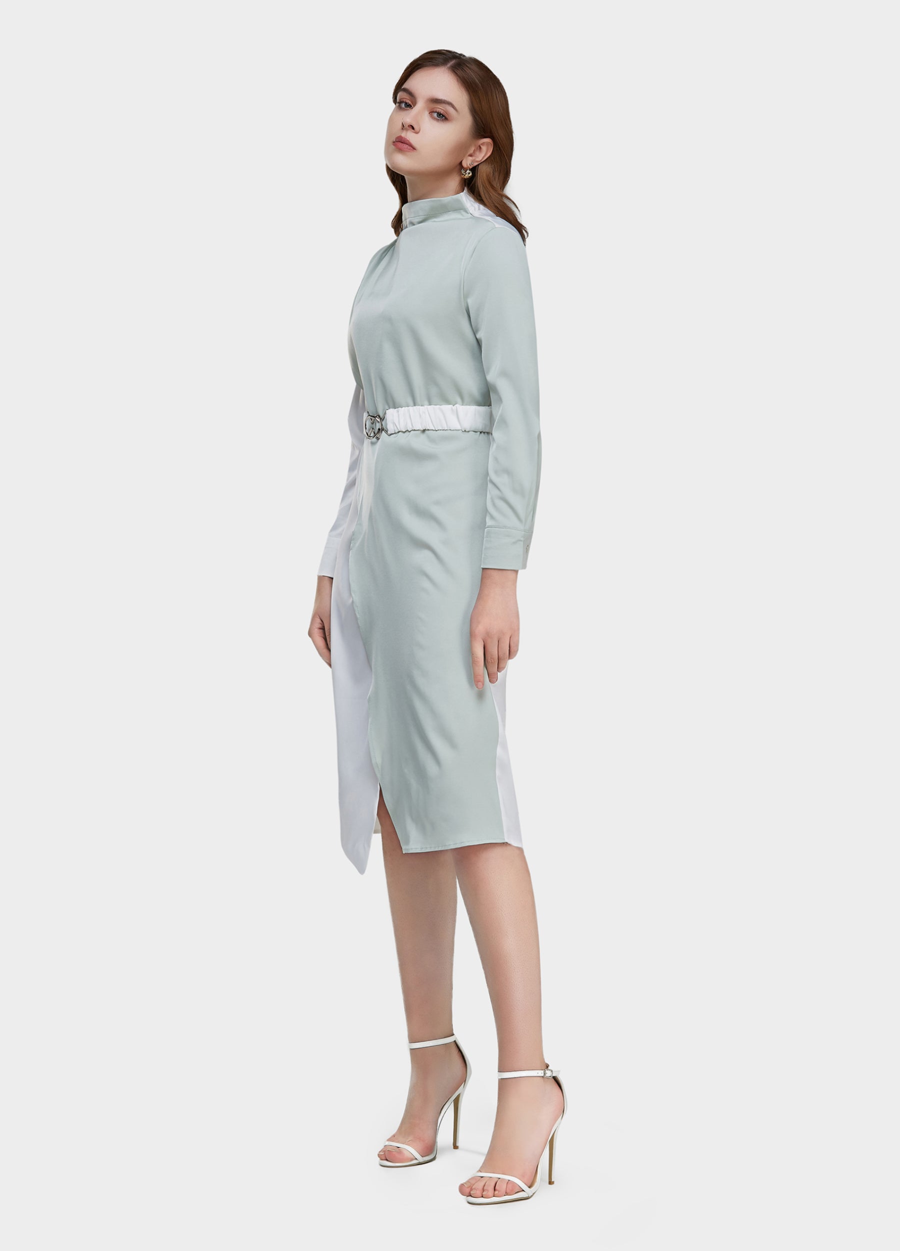 Women's Belted Colorblock High-Neck Long Sleeve Dress-Beige & Tiffany Blue side view
