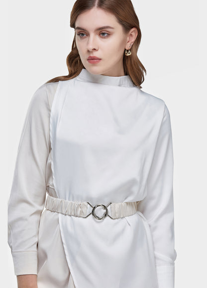 Women's Belted Colorblock High-Neck Long Sleeve Dress-Beige & White