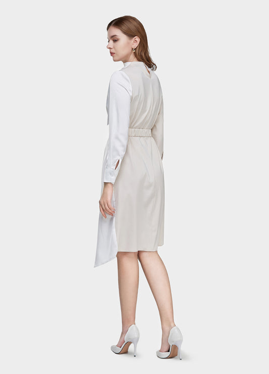 Women's Belted Colorblock High-Neck Long Sleeve Dress-Beige & White back view