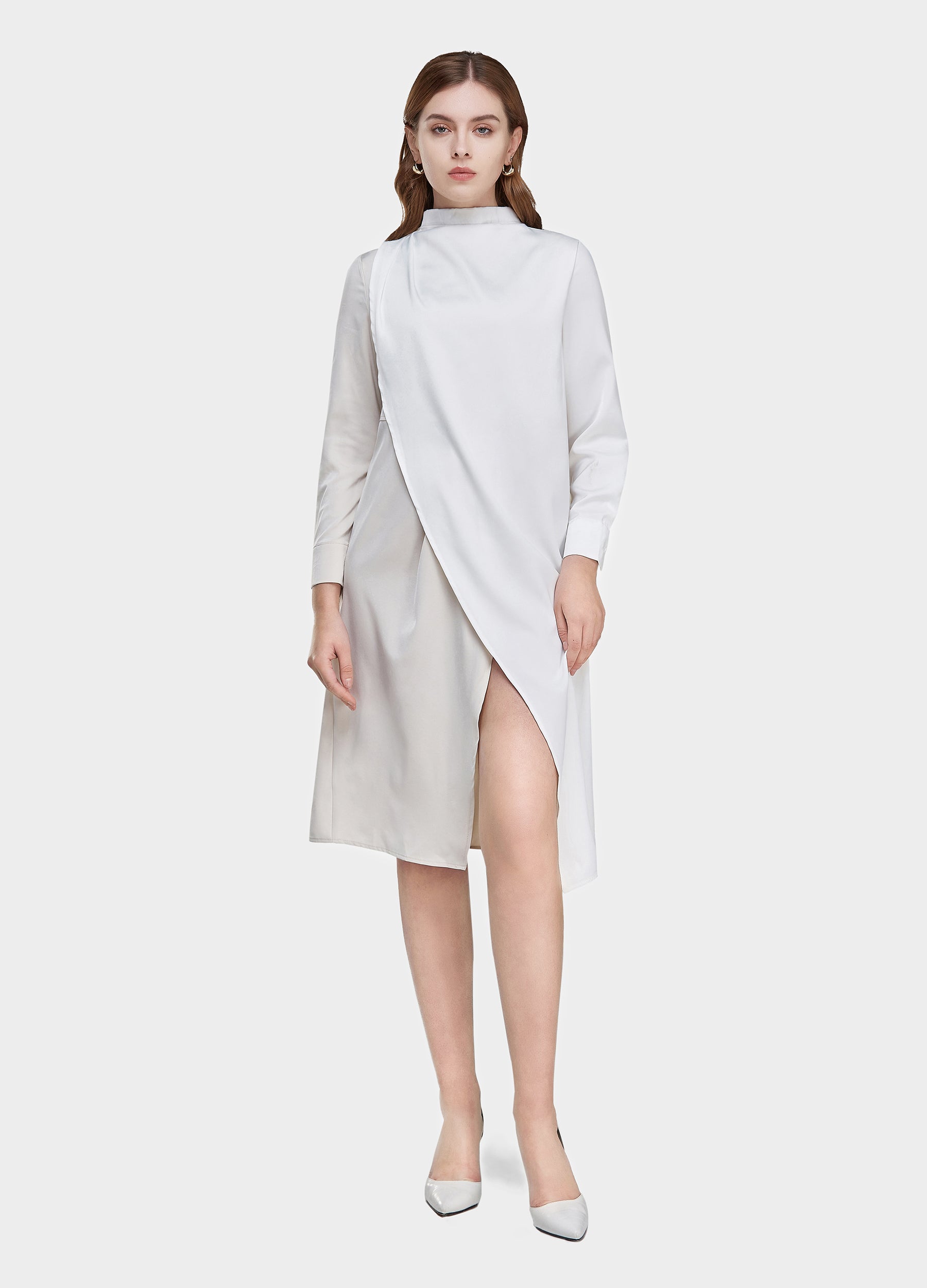 Women's Belted Colorblock High-Neck Long Sleeve Dress-Beige & White detail