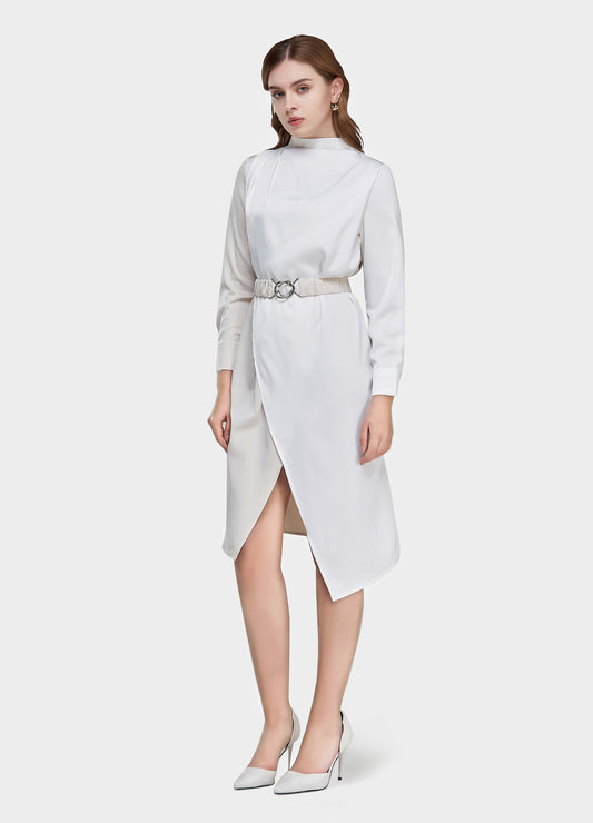 Women's Belted Colorblock High-Neck Long Sleeve Dress-Beige & White main view