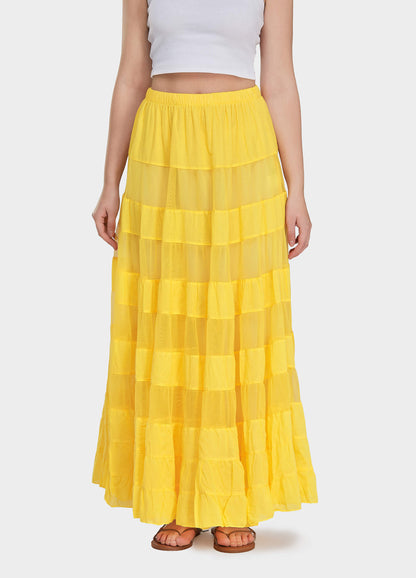 Women's Casual Elastic Waist Tiered Pleated Maxi Skirt-Yellow
