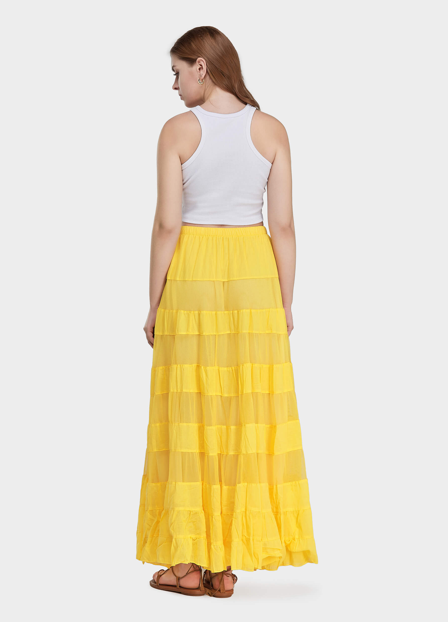Women's Casual Elastic Waist Tiered Pleated Maxi Skirt-Yellow back view