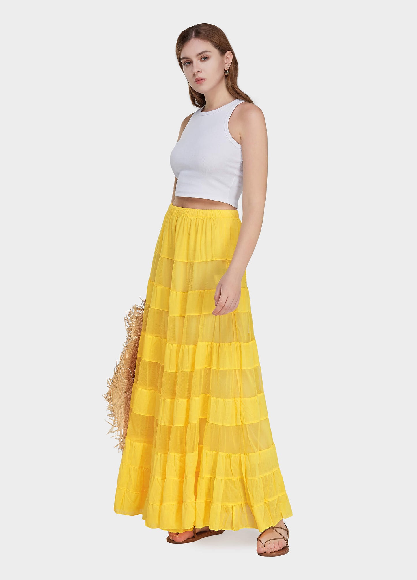 Women's Casual Elastic Waist Tiered Pleated Maxi Skirt-Yellow main view