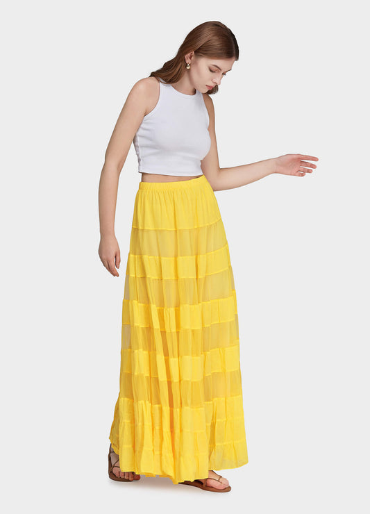 Women's Casual Elastic Waist Tiered Pleated Maxi Skirt-Yellow side view
