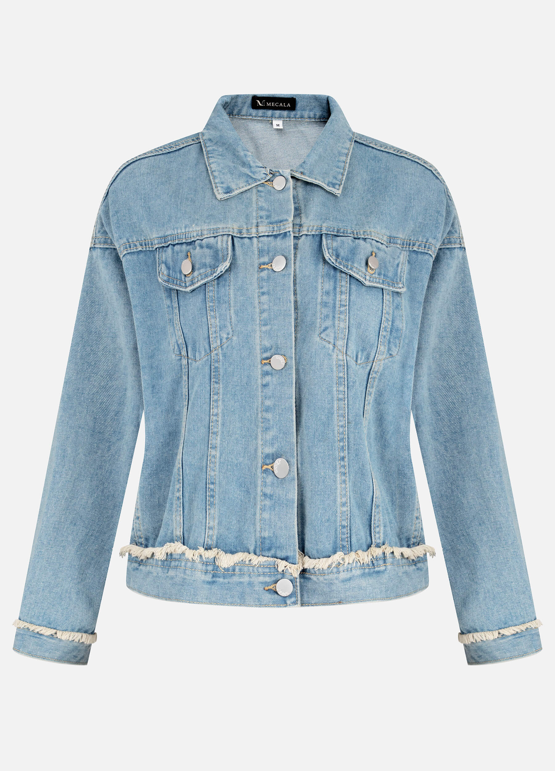 Women's Drop Shoulder Flap Pocket Patched Button Up Denim Jacket-Light Blue main view