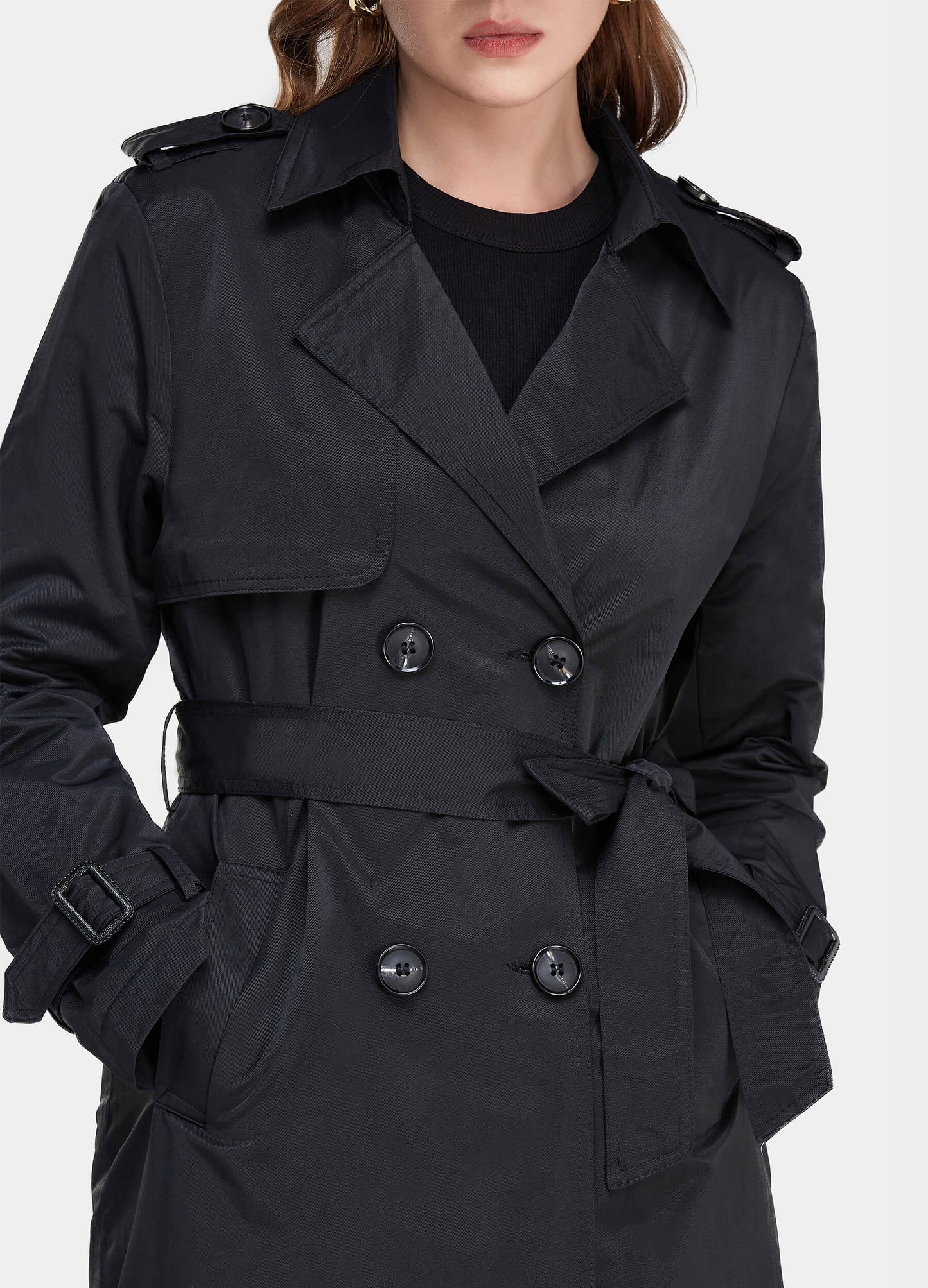 Women's Fall Double Breasted Buckle Belted Black Trench Coat