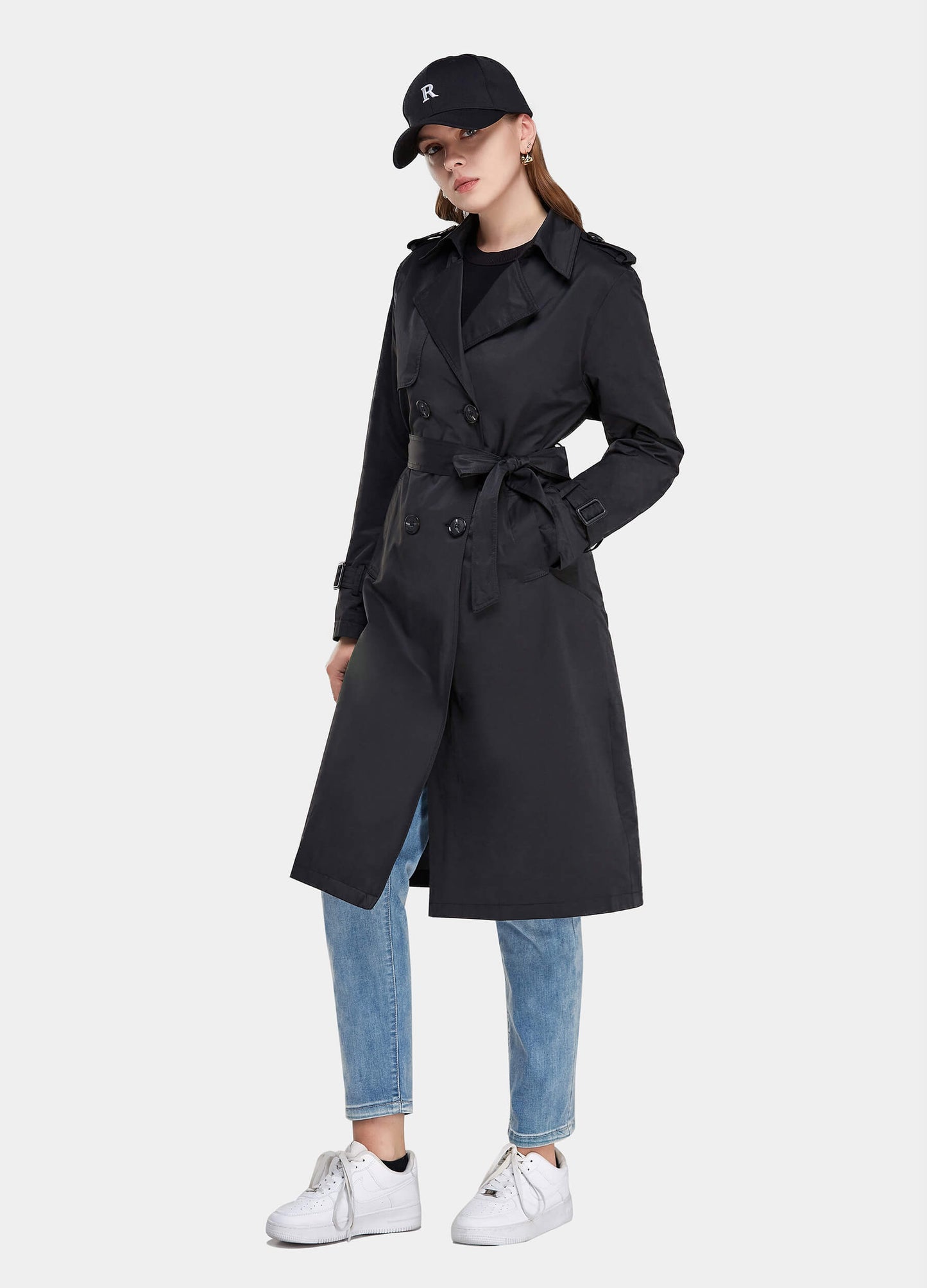 MECALA Women's Double Breasted Buckle Belted Black Trench Coat