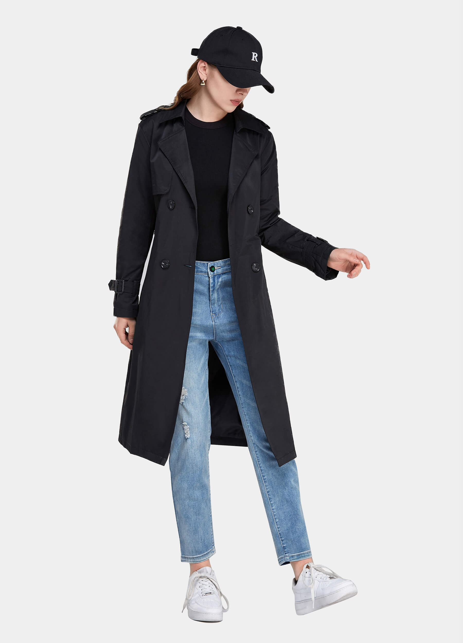 Women's Fall Double Breasted Buckle Belted Black Trench Coat