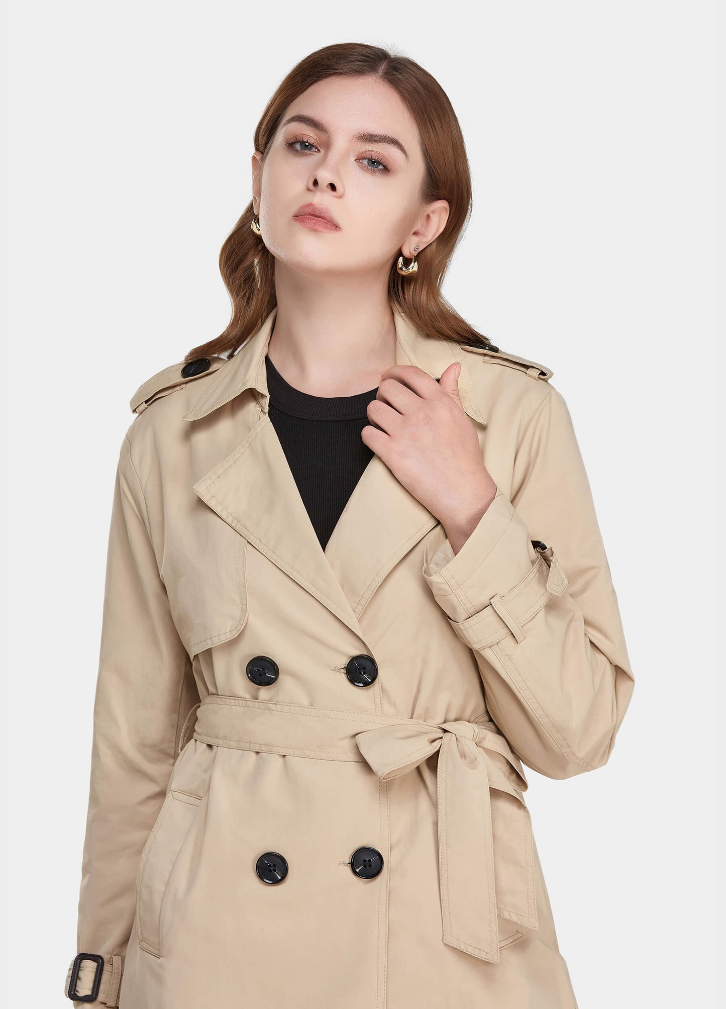 Women's Fall Double Breasted Buckle Belted Khaki Trench Coat