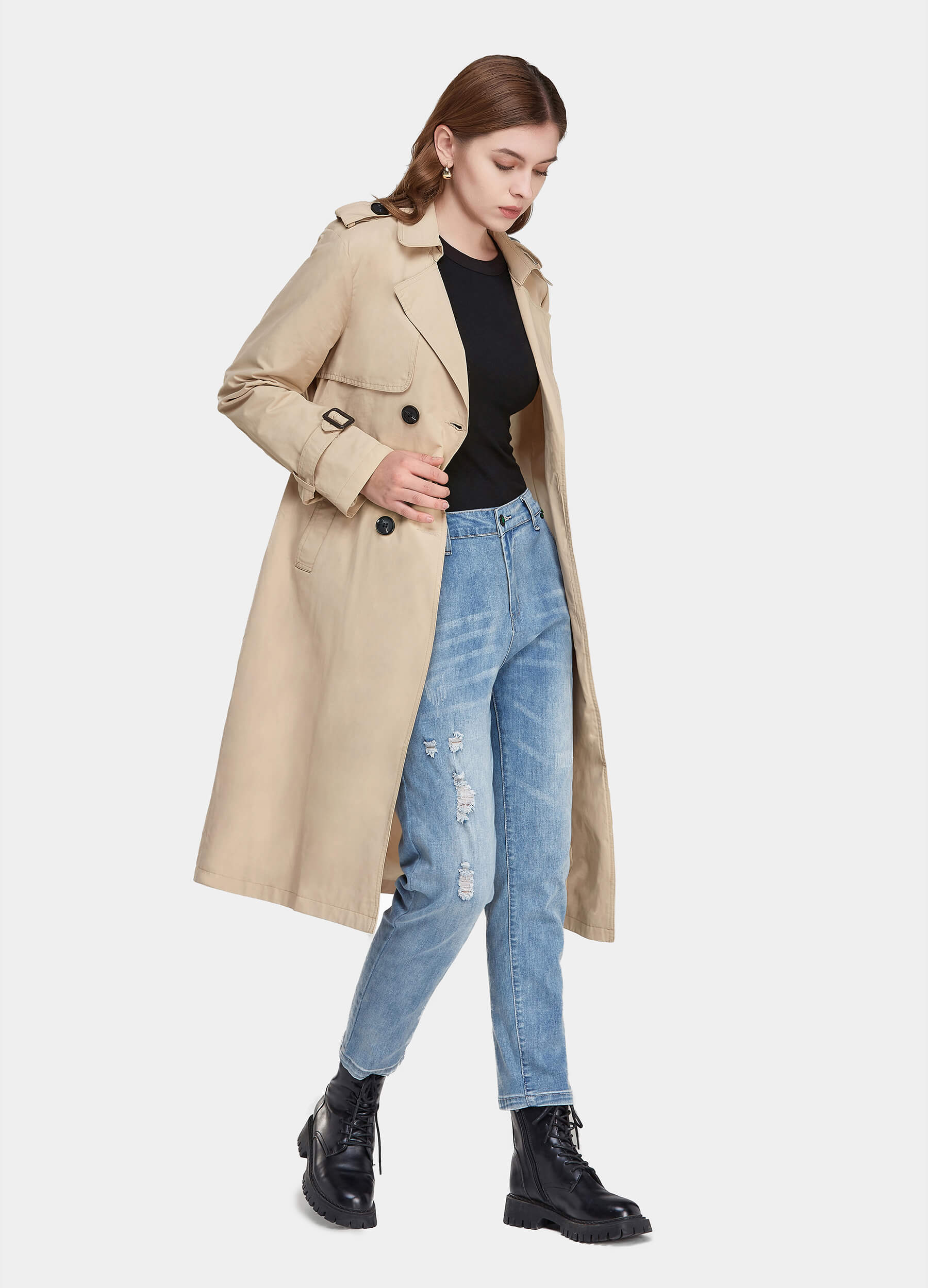 Women's Fall Double Breasted Buckle Belted Khaki Trench Coat