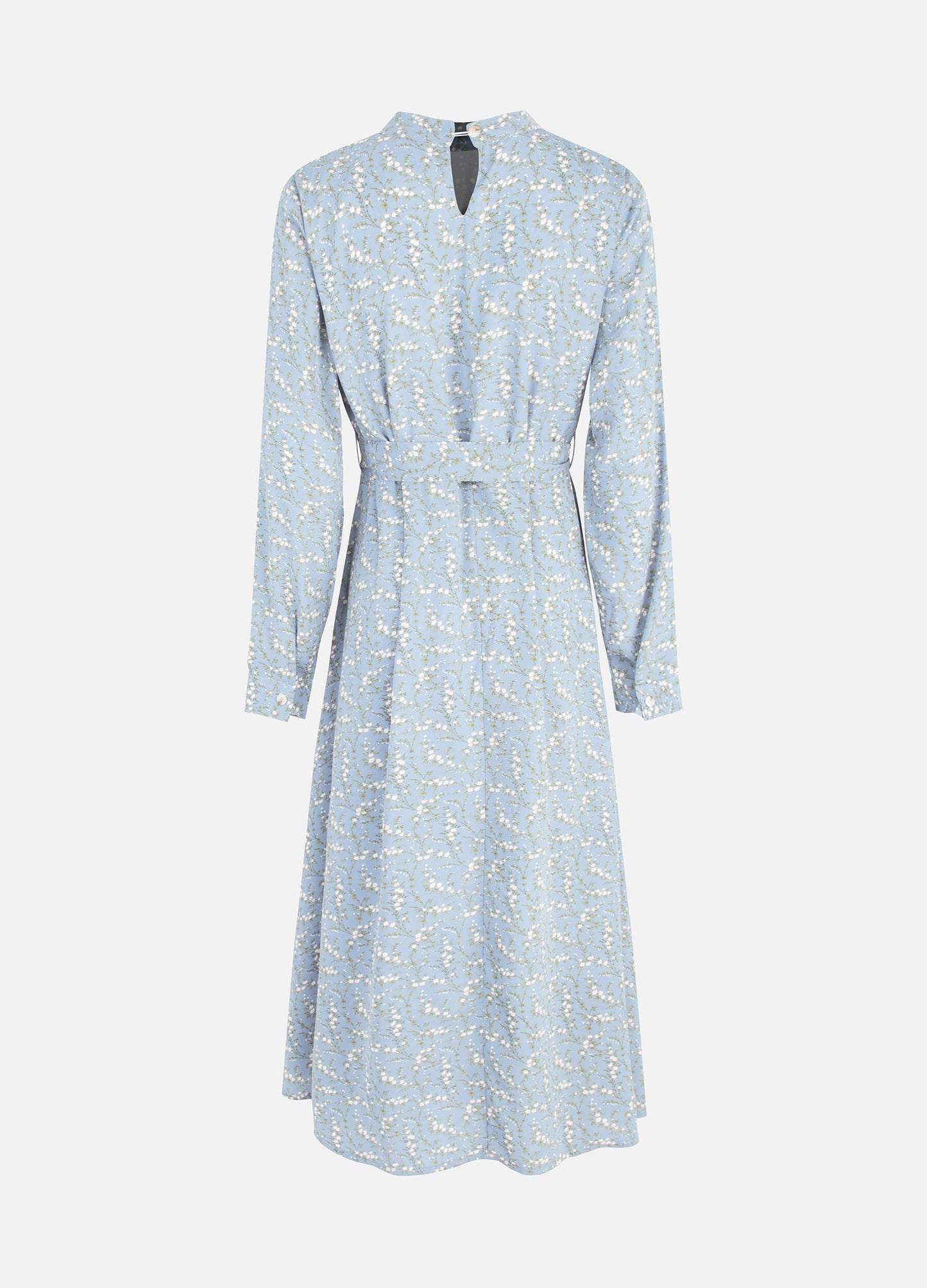 Women's Fall Floral Print Long Sleeve Belted Midi Dress-Blue back view