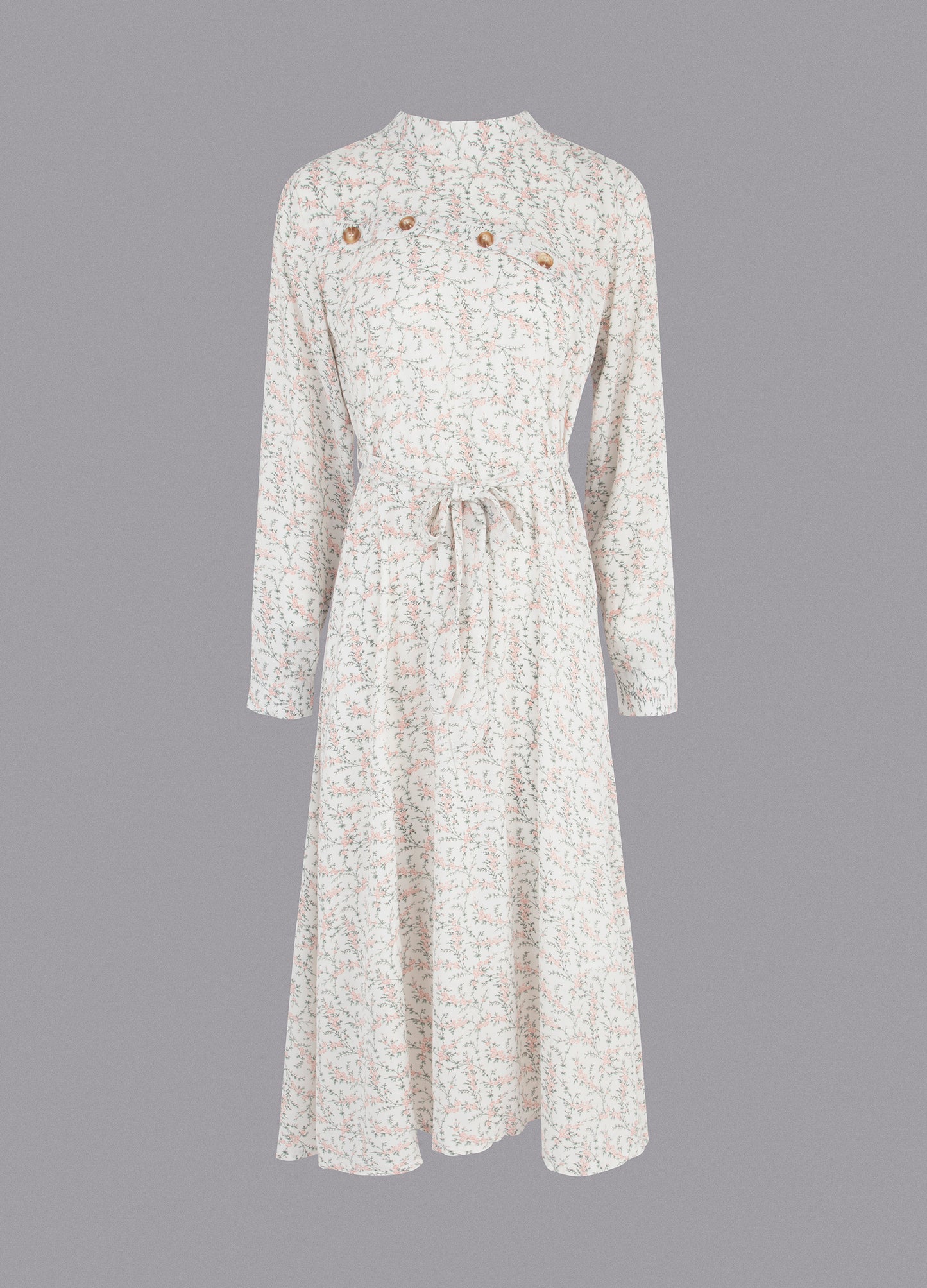 Women's Fall Floral Print Long Sleeve Belted Midi Dress-White main view