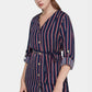 Women's Fall V-Neck Button High Low Hem Belted Striped Short Dress-Navy Blue