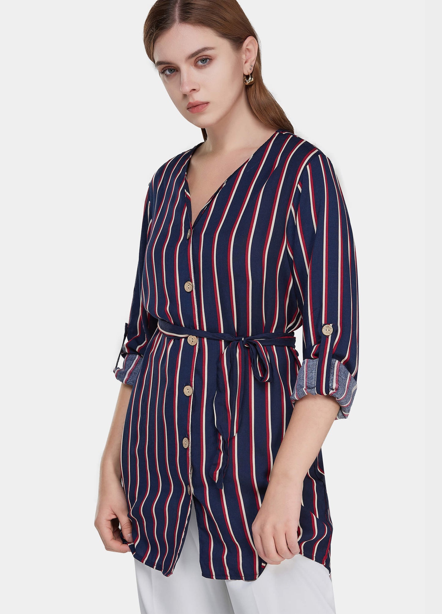 Women's Fall V-Neck Button High Low Hem Belted Striped Short Dress-Navy Blue