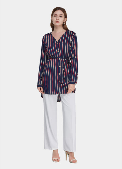 Women's Fall V-Neck Button High Low Hem Belted Striped Short Dress-Navy Blue main view