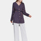 Women's Fall V-Neck Button High Low Hem Belted Striped Short Dress-Navy Blue side view