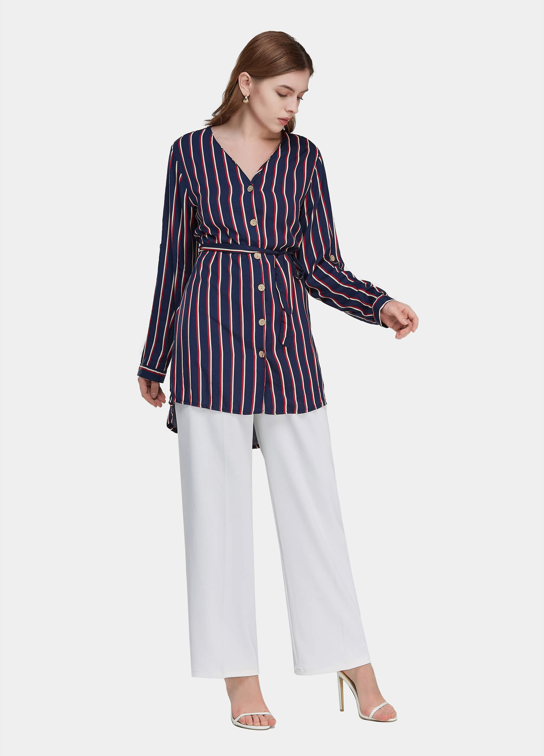 Women's Fall V-Neck Button High Low Hem Belted Striped Short Dress-Navy Blue side view