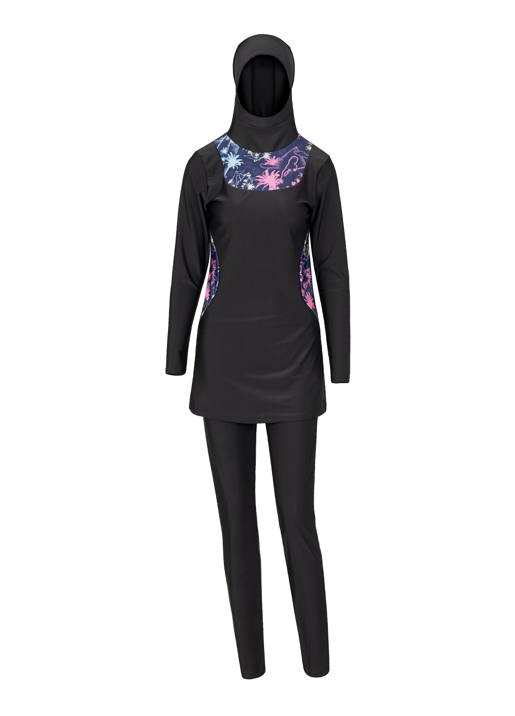 muslim swimming suits/islamic swimming suits/4POSE Women's Floral Print Modest Full Coverage Hijab Swimsuit- Black base match print pattern main view