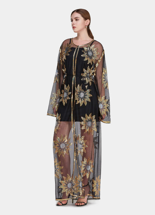 MECALA Women's Floral Sequin Maxi Mesh Kimono Cardigan Plus Size Black Sheer Cardigan Kftan