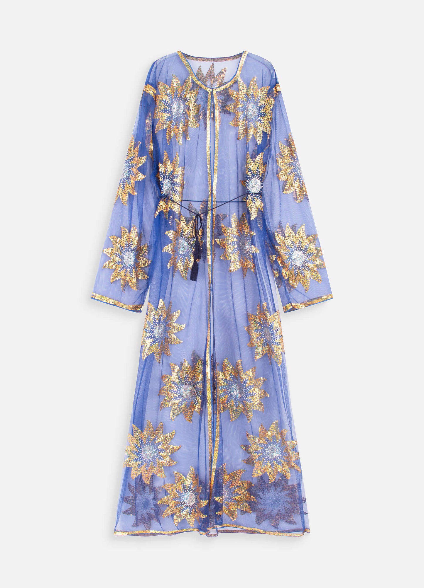 MECALA Women's Floral Sequin Maxi Mesh Kimono Cardigan Plus Size Blue Sheer Cardigan Kftan with Drawstring