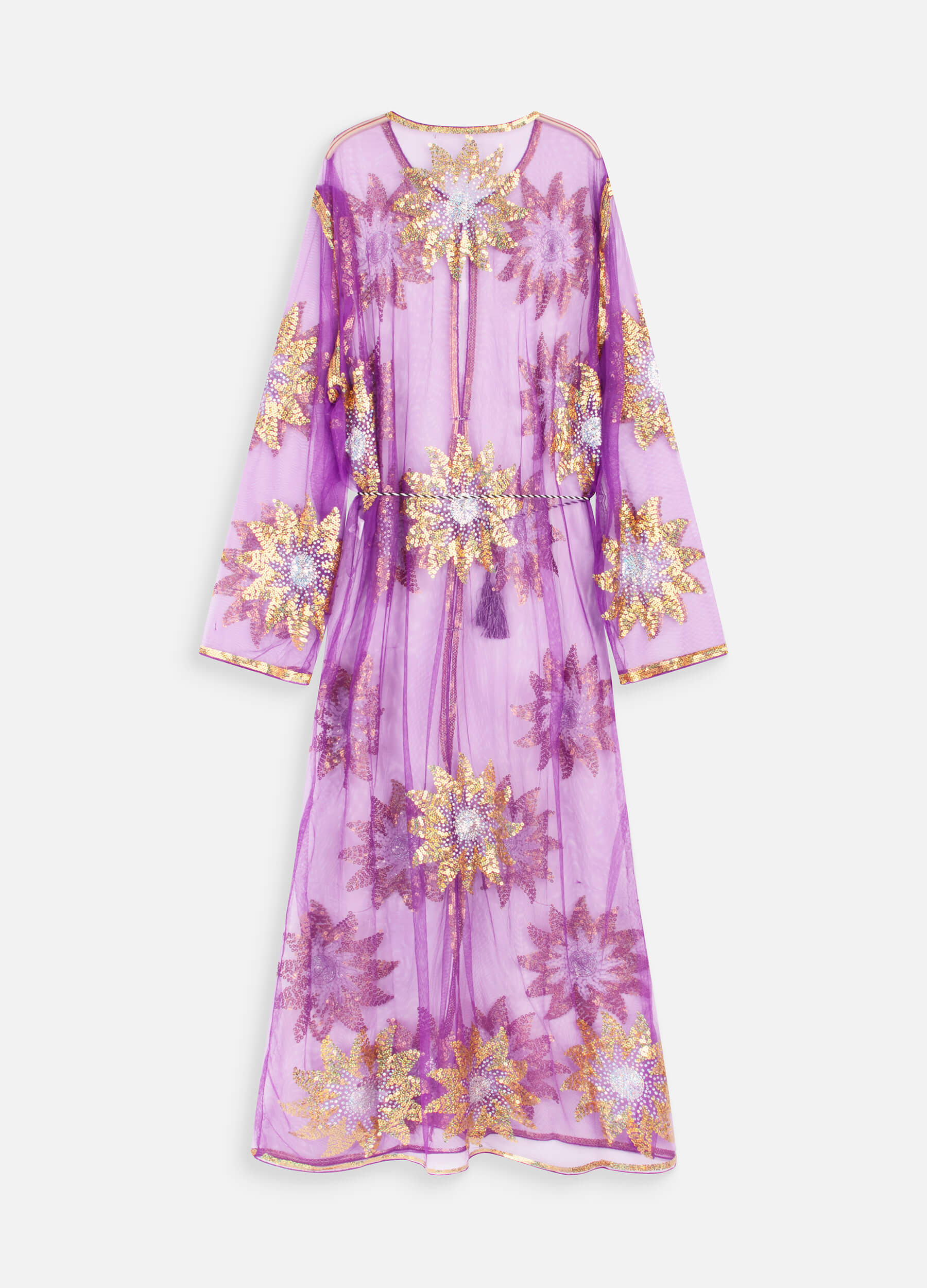 MECALA Women's Floral Sequin Maxi Mesh Kimono Cardigan Plus Size Purple Sheer Cardigan Kftan with Drawstring