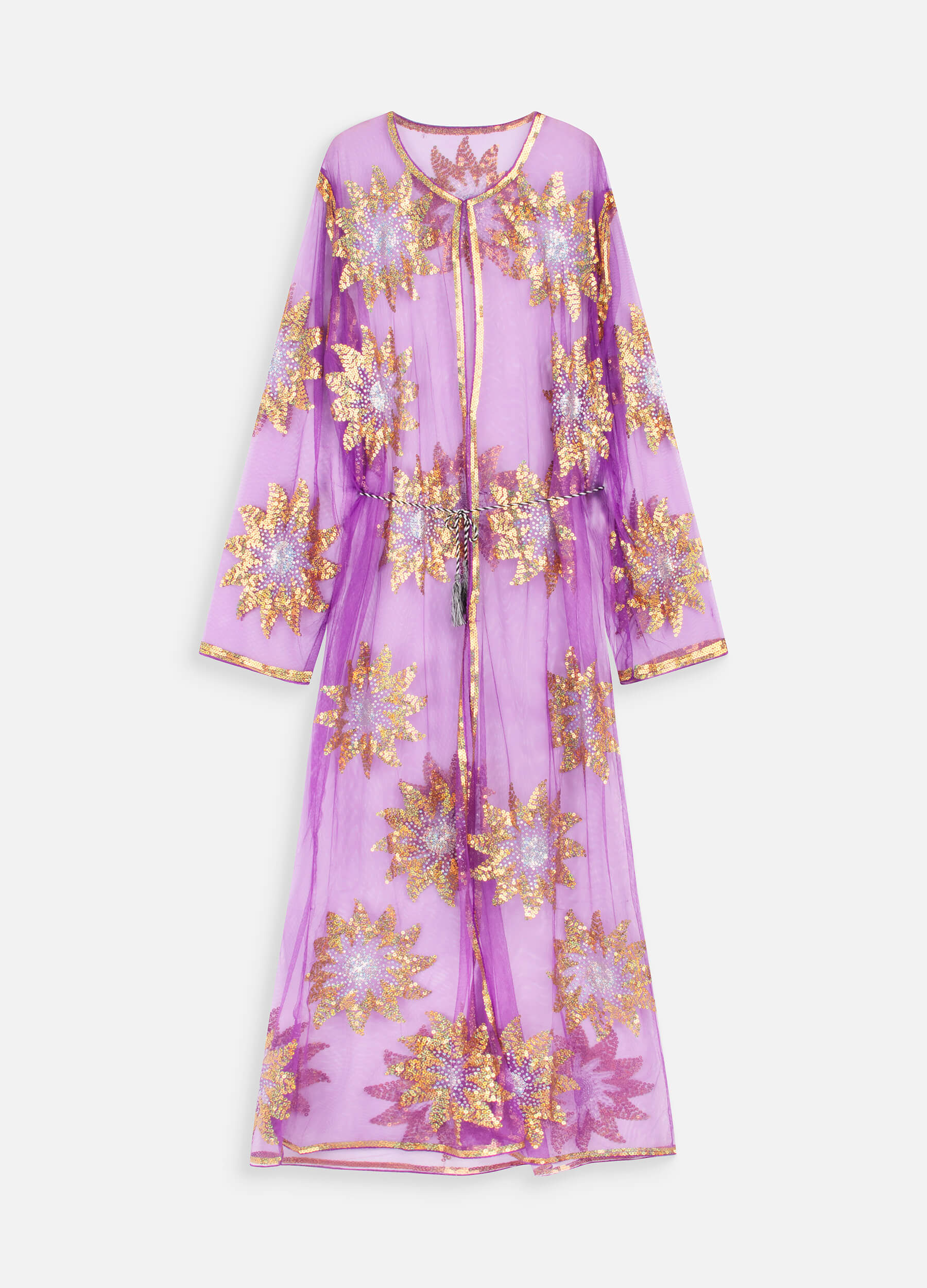 MECALA Women's Floral Sequin Maxi Mesh Kimono Cardigan Plus Size Purple Sheer Cardigan Kftan with Drawstring