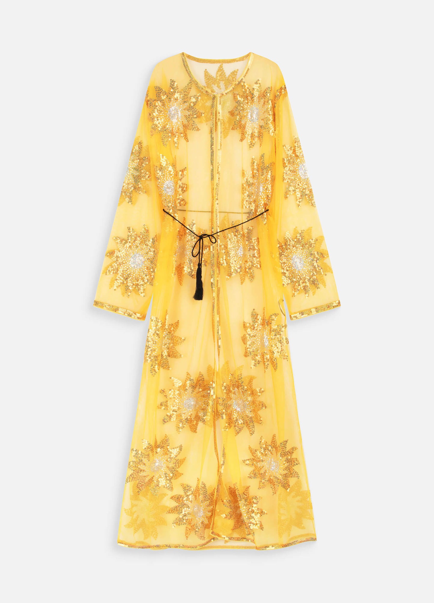 MECALA Women's Floral Sequin Maxi Mesh Kimono Cardigan Plus Size Yellow Sheer Cardigan Kftan