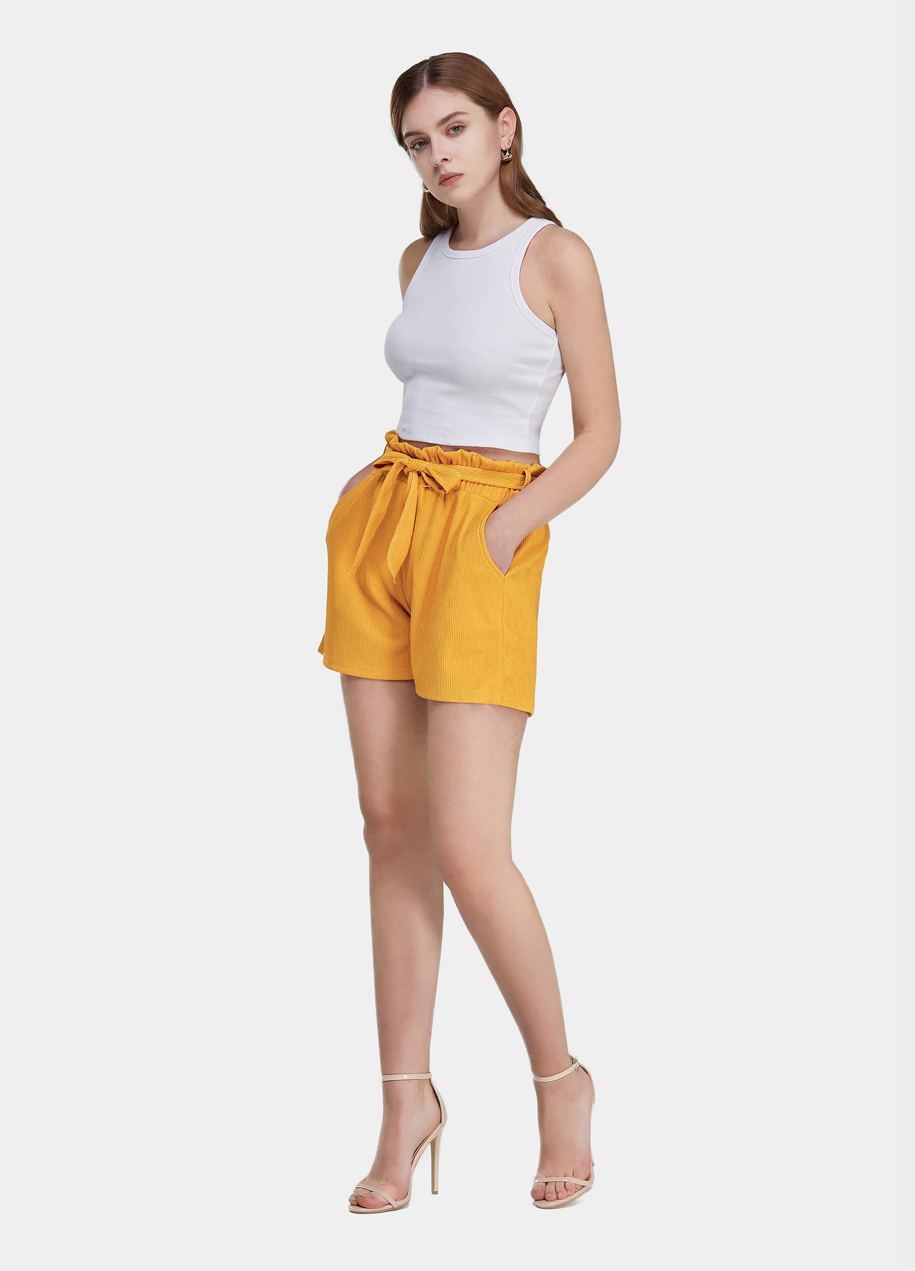 Women's High Waist Dual Pockets Tie Front Solid Shorts-Ginger side view