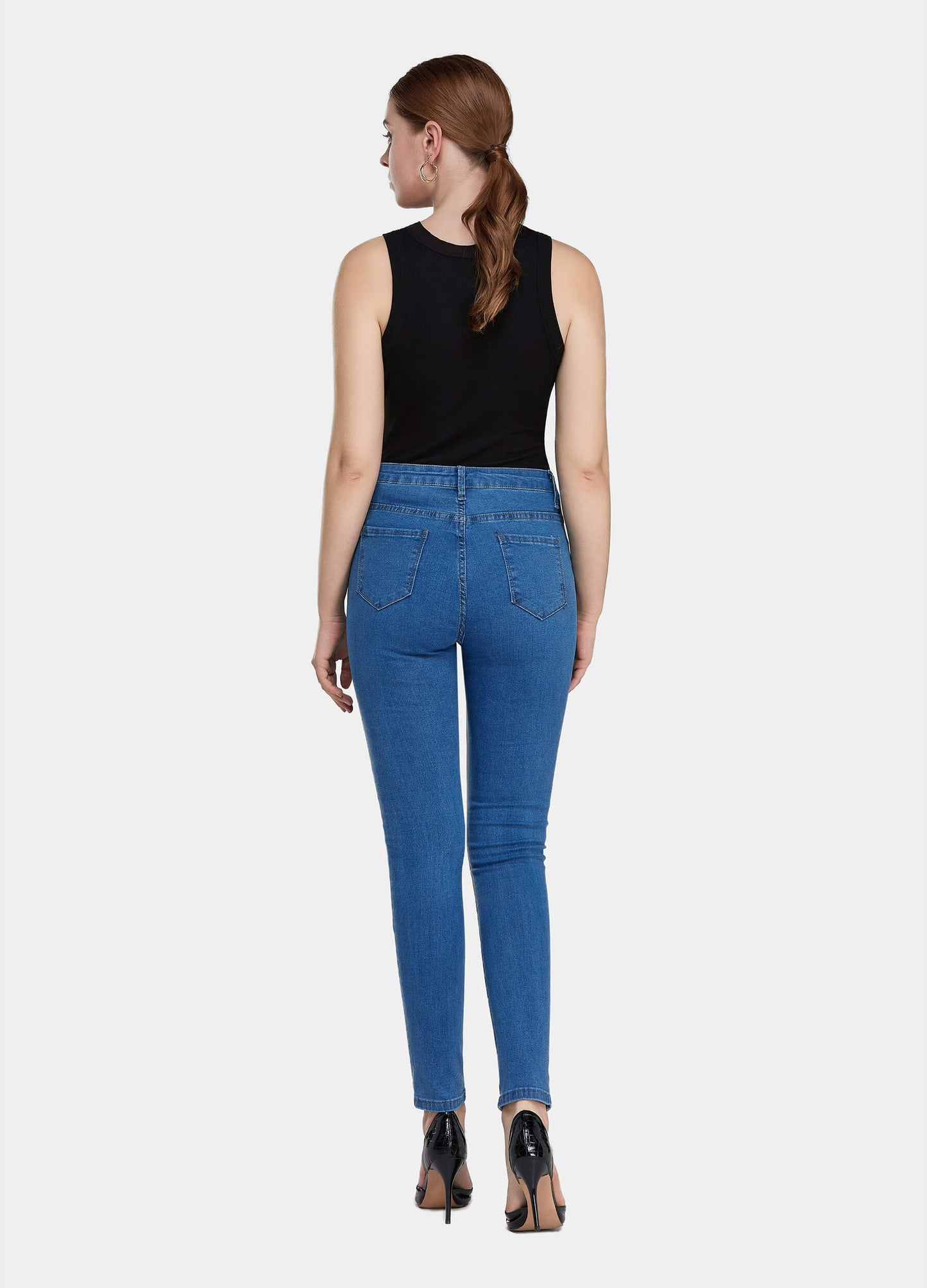 Women's High Waist Zip Fly Button Closure Skinny Jeans-Light Blue back view