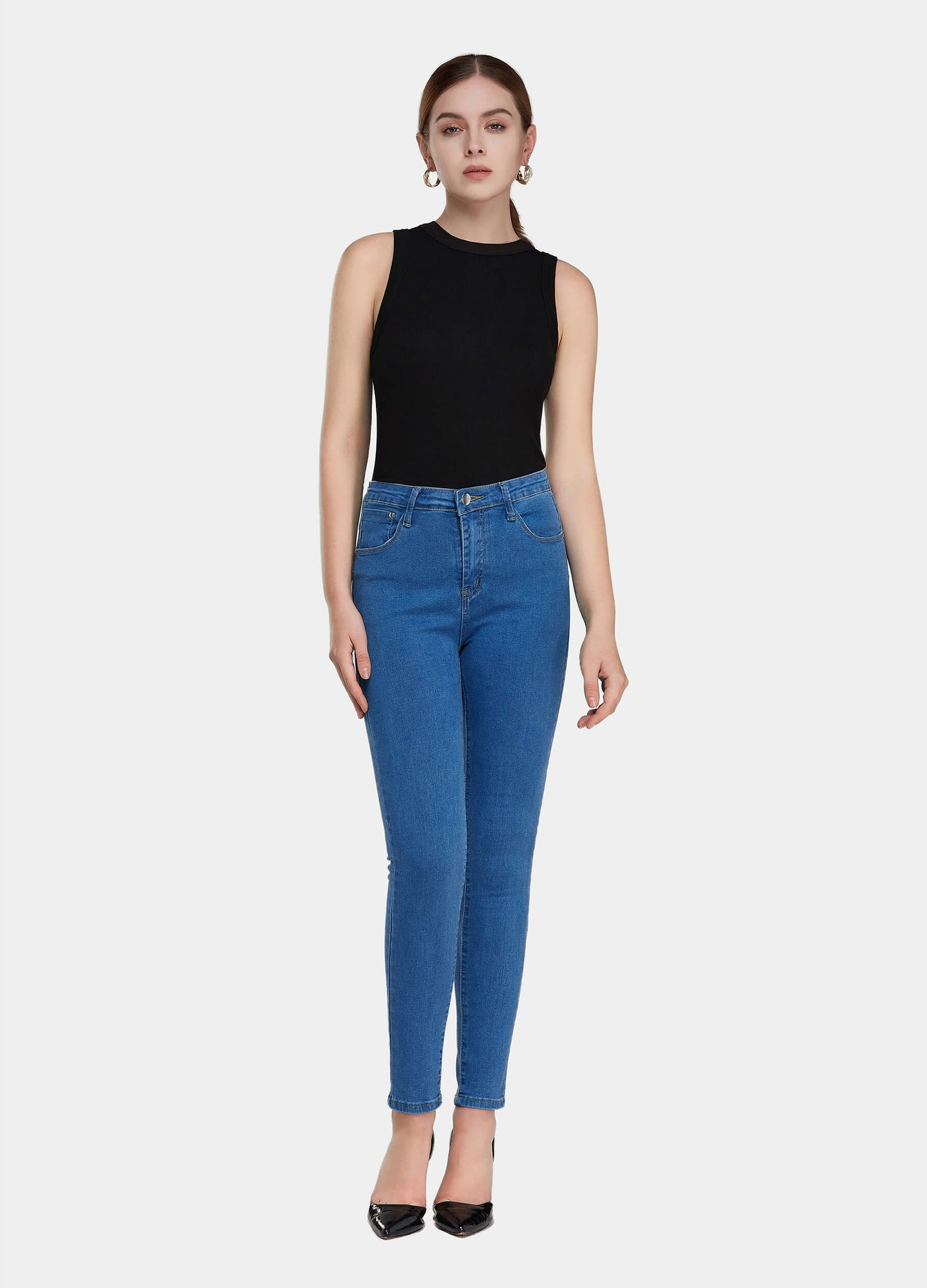 Women's High Waist Zip Fly Button Closure Skinny Jeans-Light Blue main view