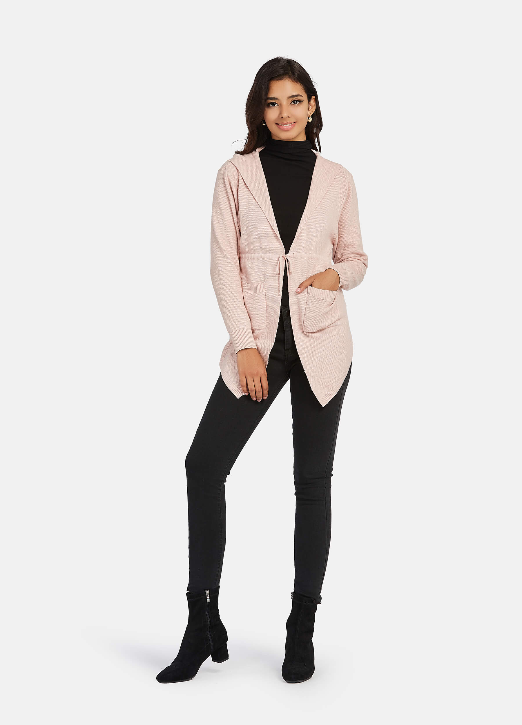 FINEPEEK Women's Long Sleeve Cable Knit Hooded Pink Cardigan