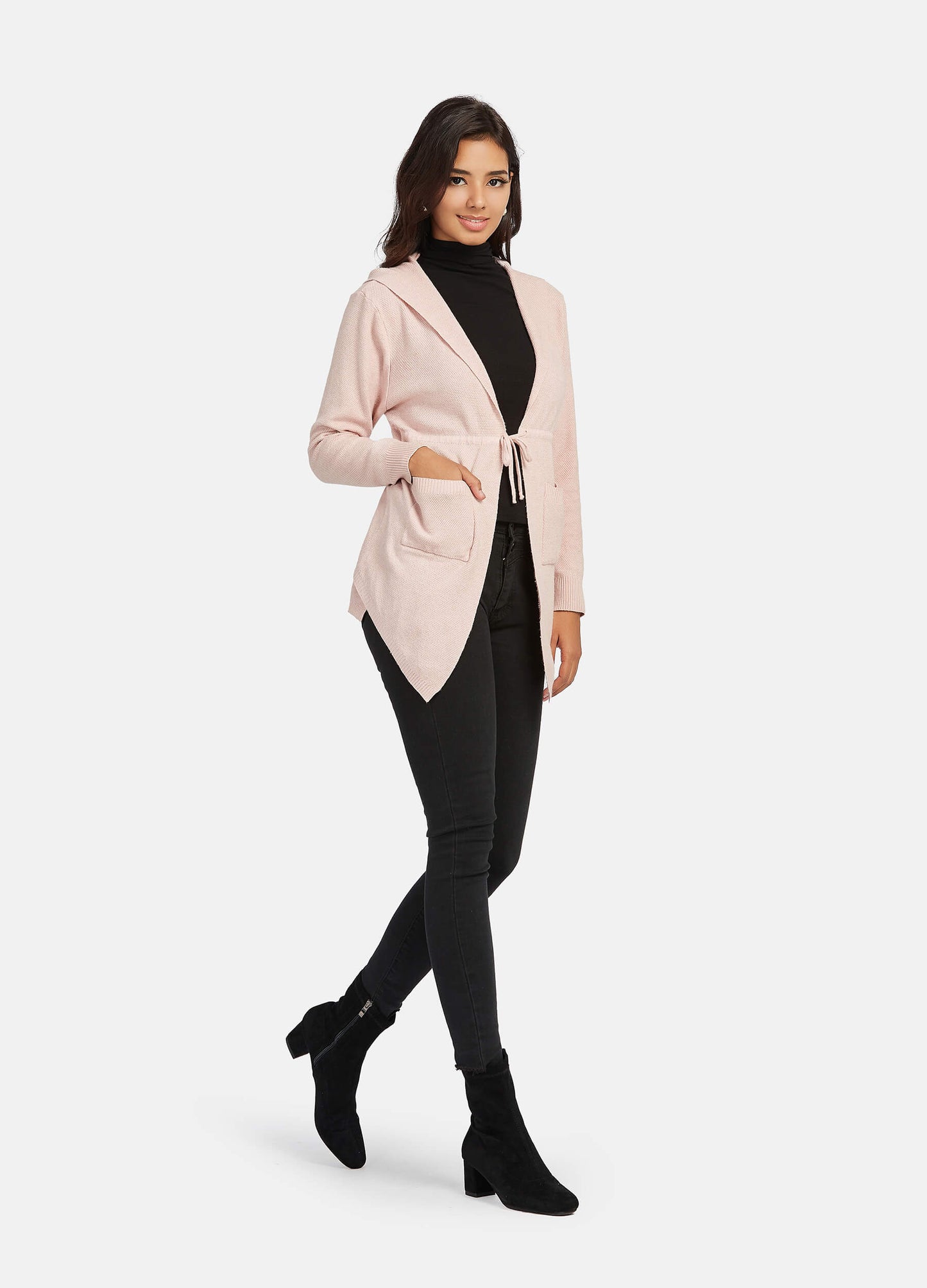 FINEPEEK Women's Long Sleeve Cable Knit Hooded Pink Cardigan