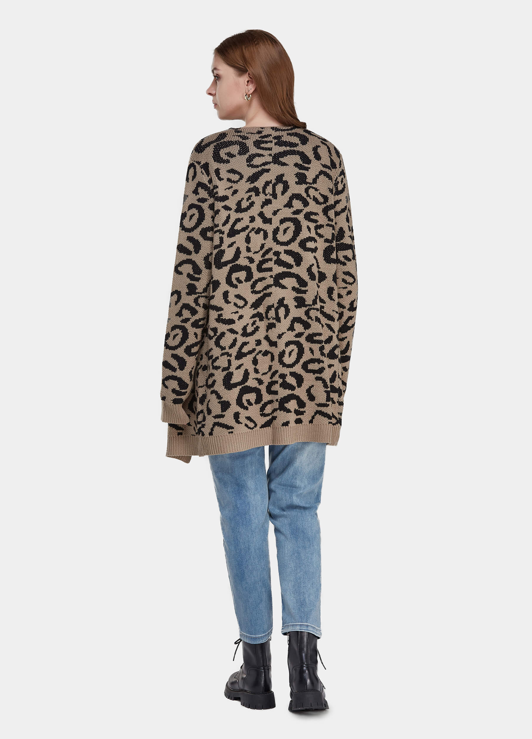 MECALA Women's Leopard Print Drop Shoulder Open Front Long Khaki Cardigan