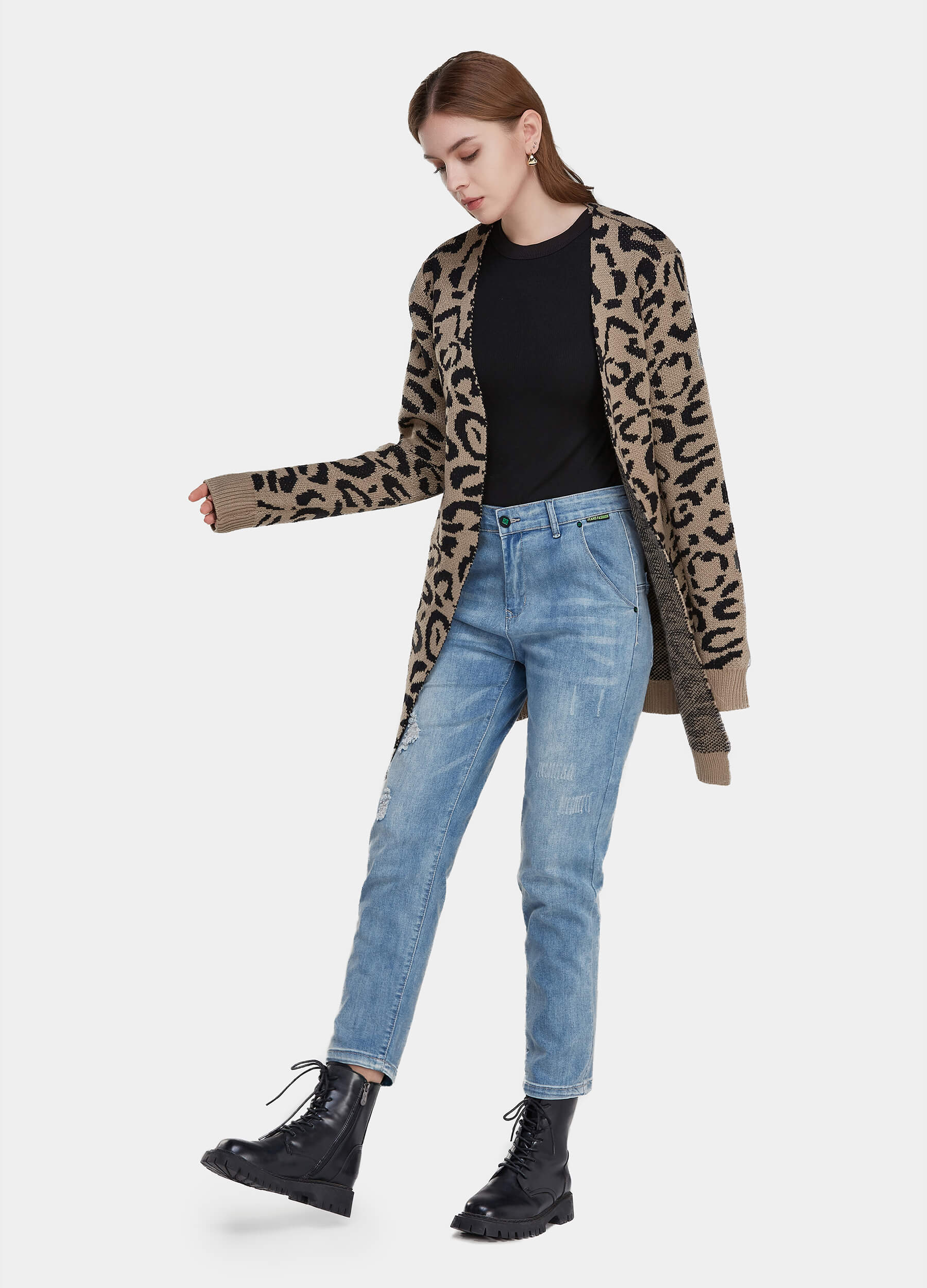 MECALA Women's Leopard Print Drop Shoulder Open Front Long Khaki Cardigan