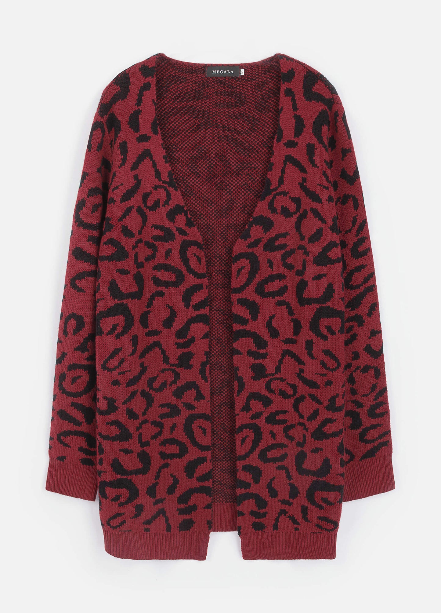 MECALA Women's Leopard Print Drop Shoulder Open Front Long Red Cardigan