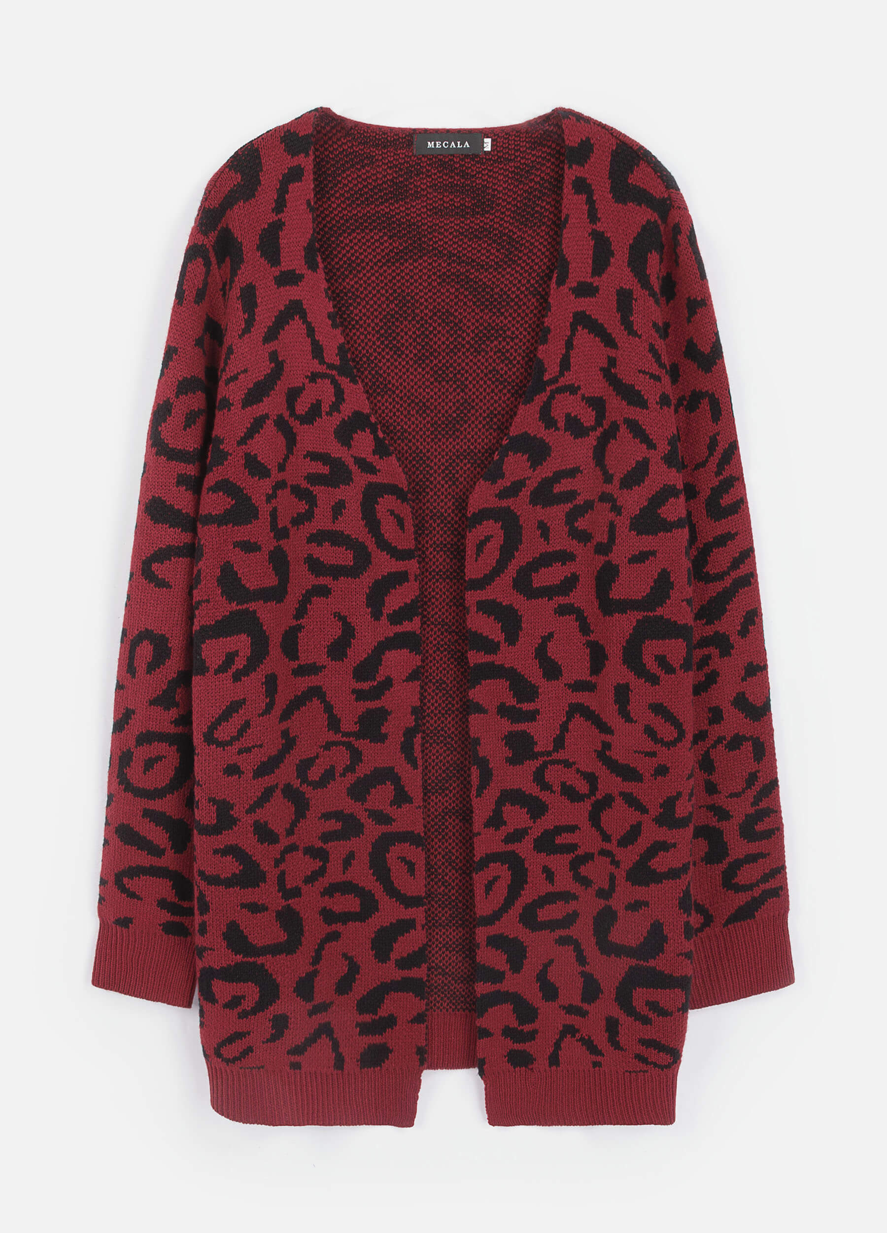 MECALA Women's Leopard Print Drop Shoulder Open Front Long Red Cardigan