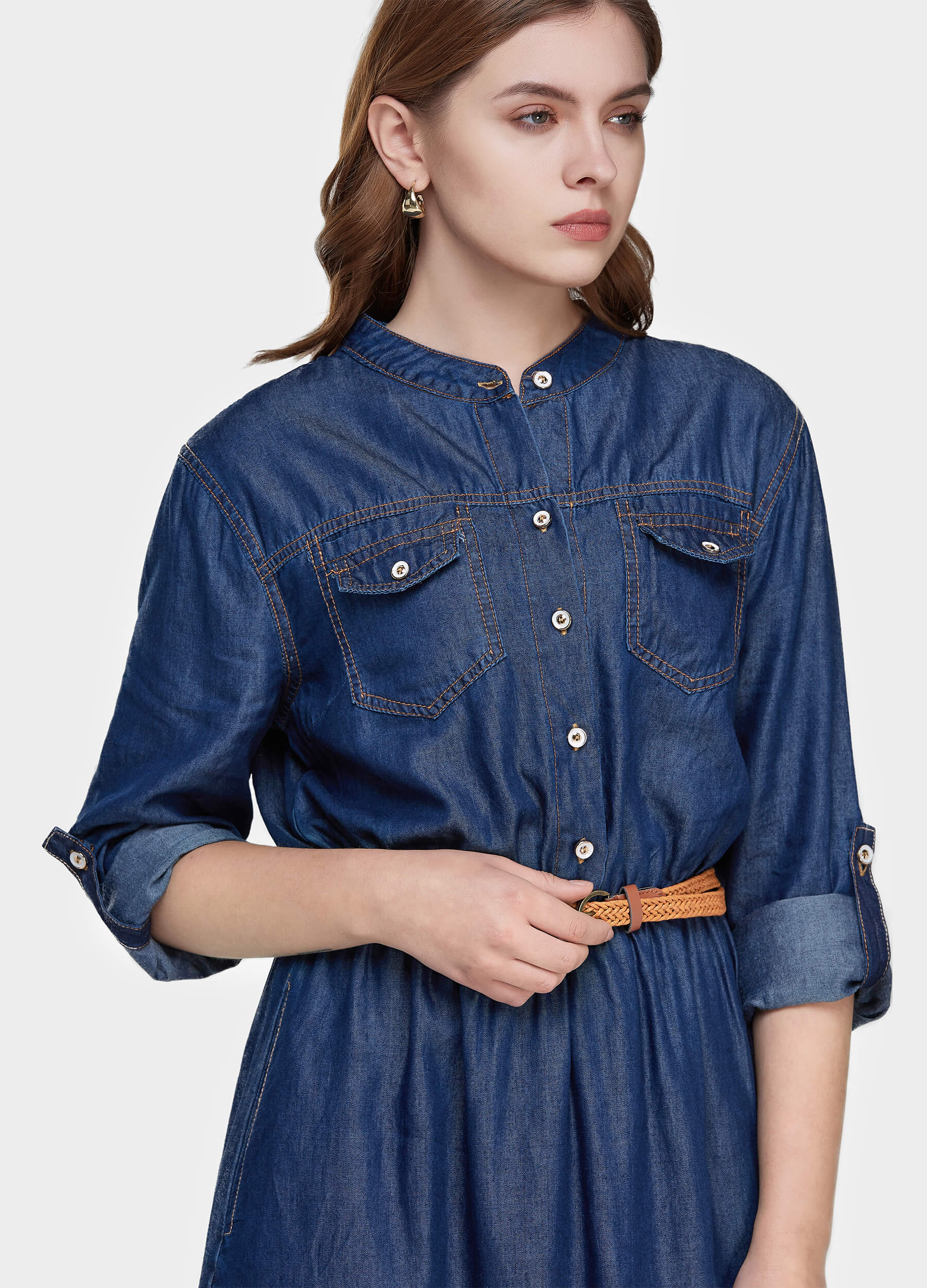 Women's Long Sleeve Denim Shirt Dress-Mid Blue