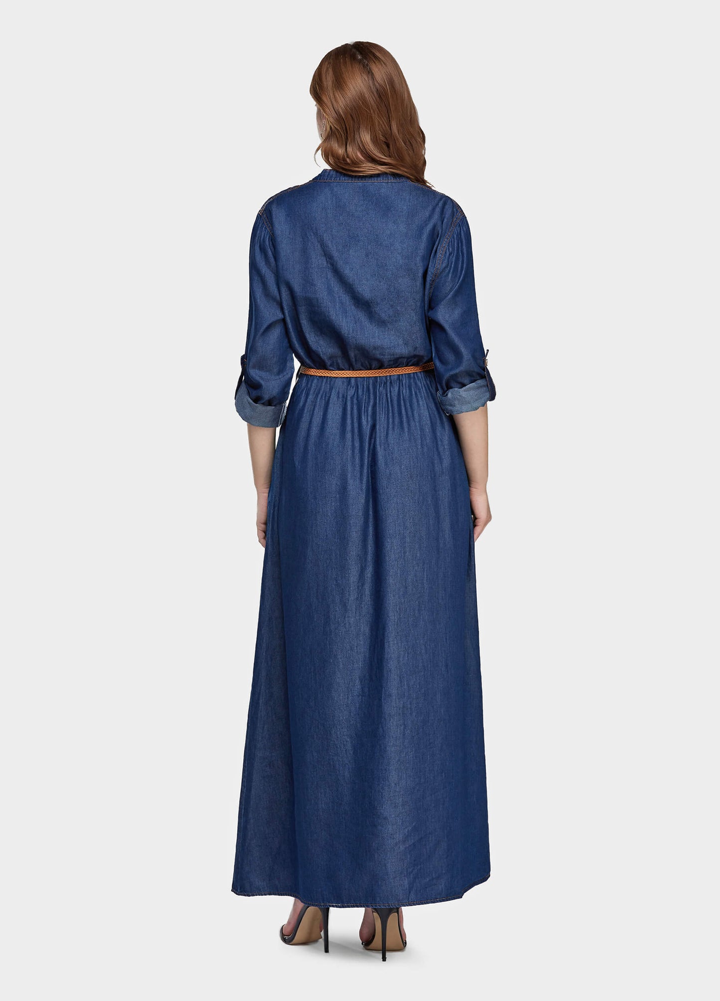 Women's Long Sleeve Denim Shirt Dress-Mid Blue back view