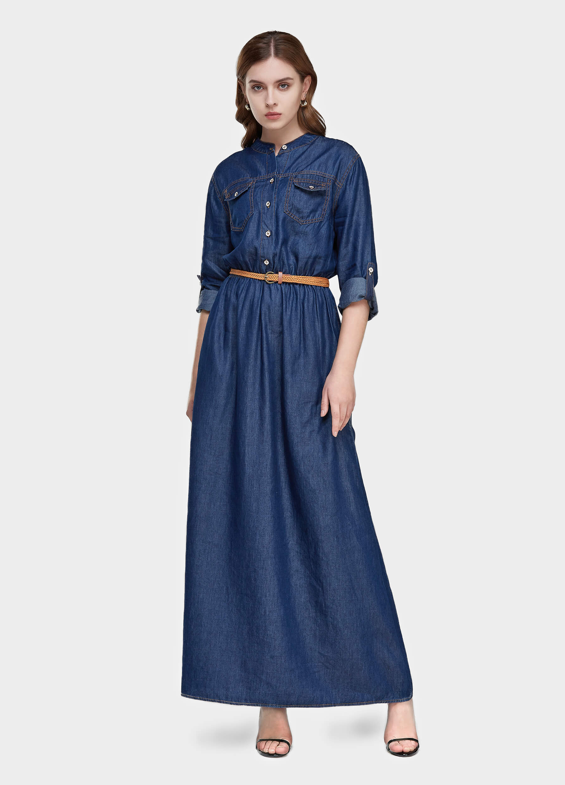 Women's Long Sleeve Denim Shirt Dress-Mid Blue main view