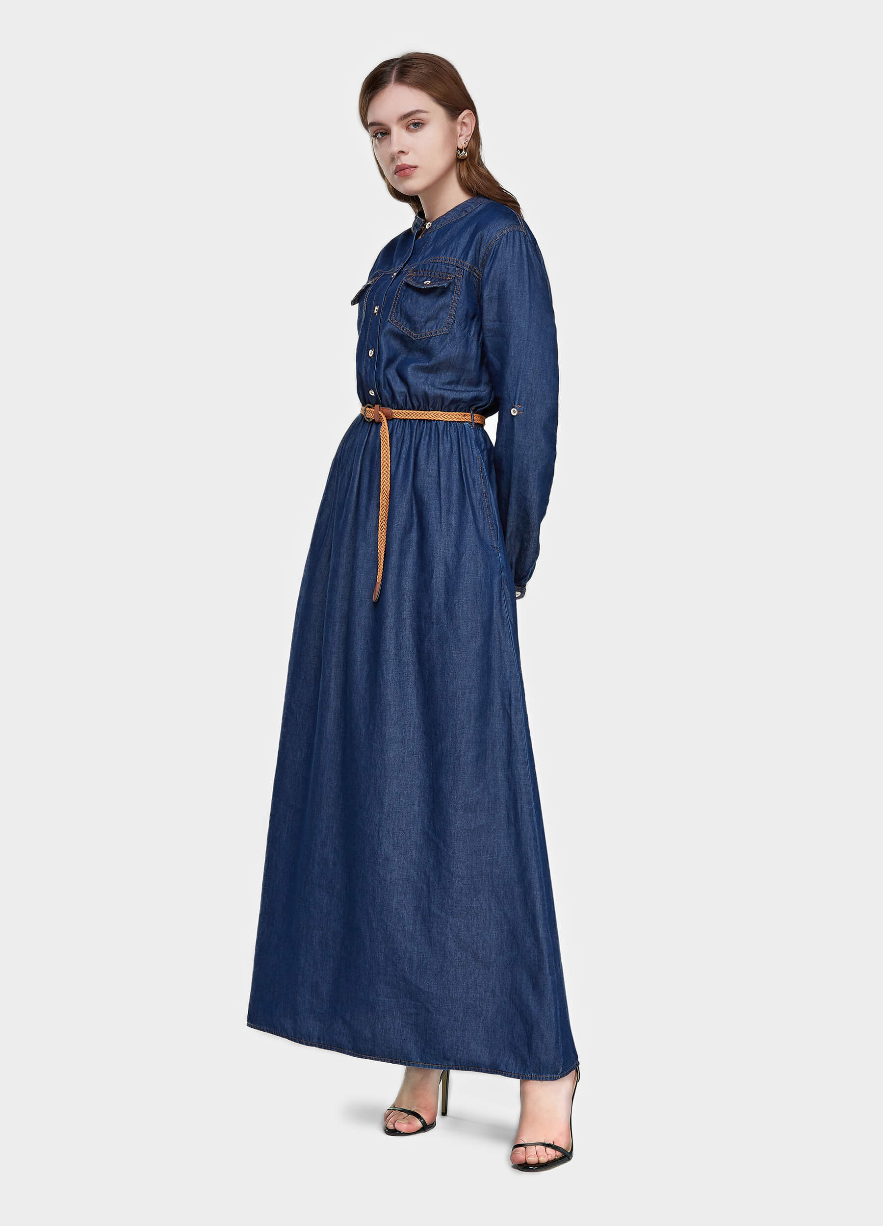Women's Long Sleeve Denim Shirt Dress-Mid Blue side view