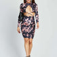 Women's Long Sleeve Stand Collar Tie Dye Criss Cross Dress-Deep Blue and Orange main view