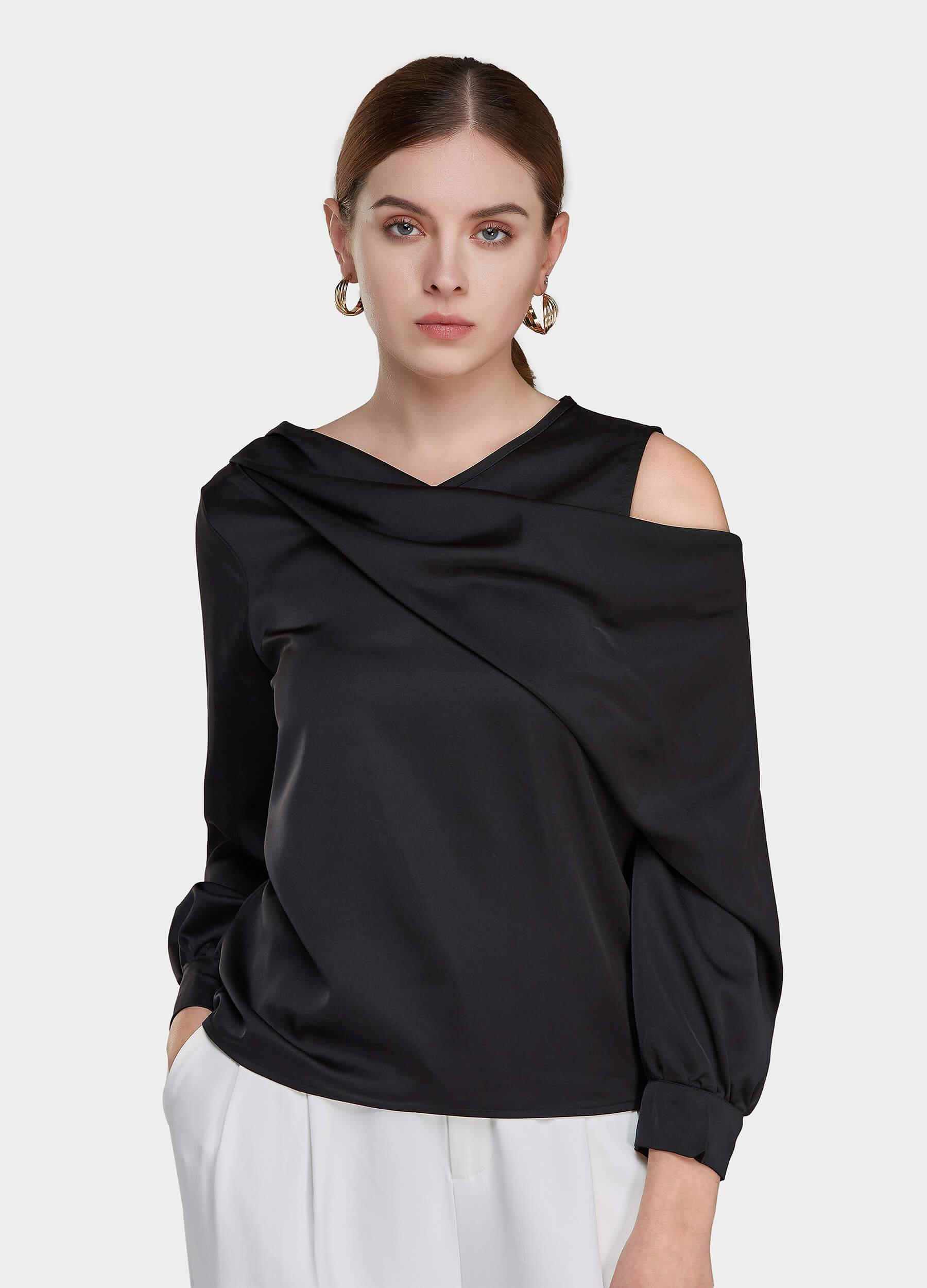 Women's Off Shoulder Satin Long Sleeve Top-Black
