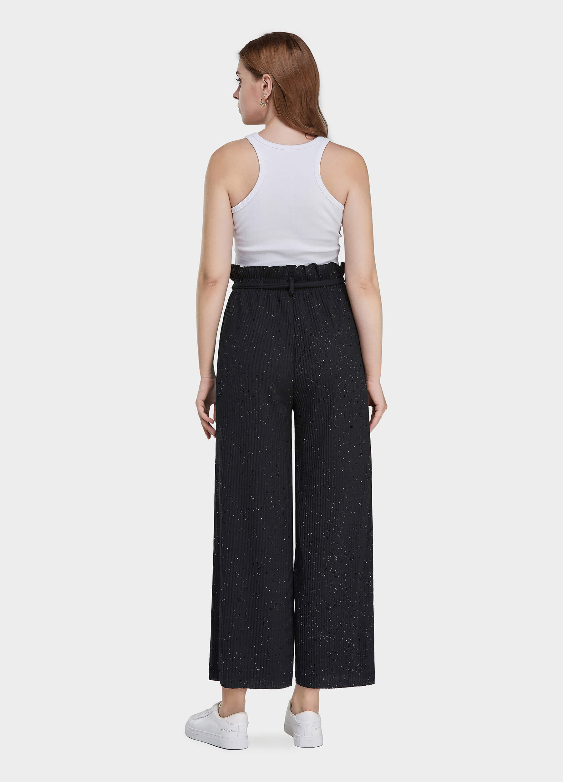 Women's Ruffle Trims Belted Comfort Wide Leg Trousers-Black back view