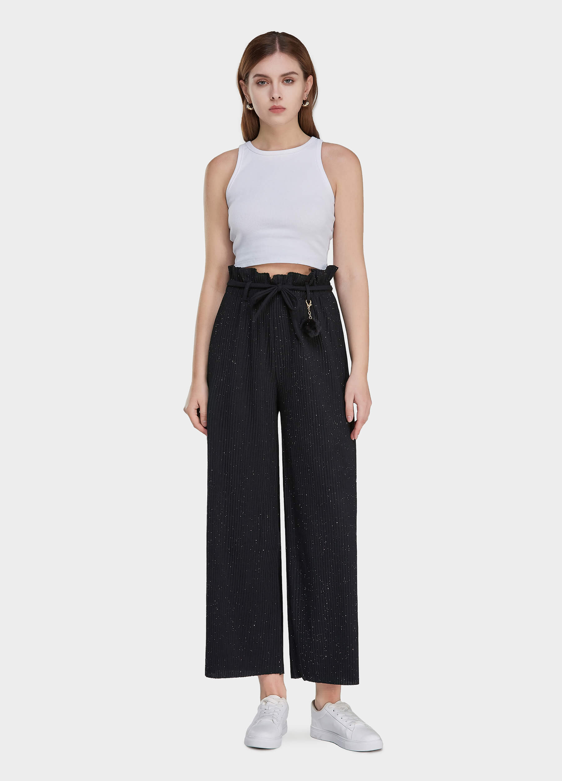 Women's Ruffle Trims Belted Comfort Wide Leg Trousers-Black main view